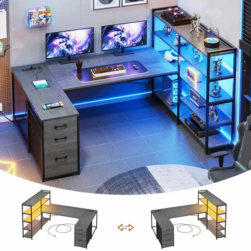 Sikaic Gaming Desk with Drawers, 64.5" Reversible Computer Desk, Dual Monitor Shelf, Large Workspace for Gaming, Study and Home Office, Gray