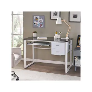 Desk Stylish Glass Computer Desk With Sliding Keyboard Tray And Drawer Writing Desk Workstation - White And Blac