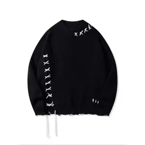 Men’s ripped lace-up off-shoulder sweater, loose street-fashion long-sleeve crewneck pullover for spring and autumn, fashionable men’s knitwear for everyday wear GARMENTARY