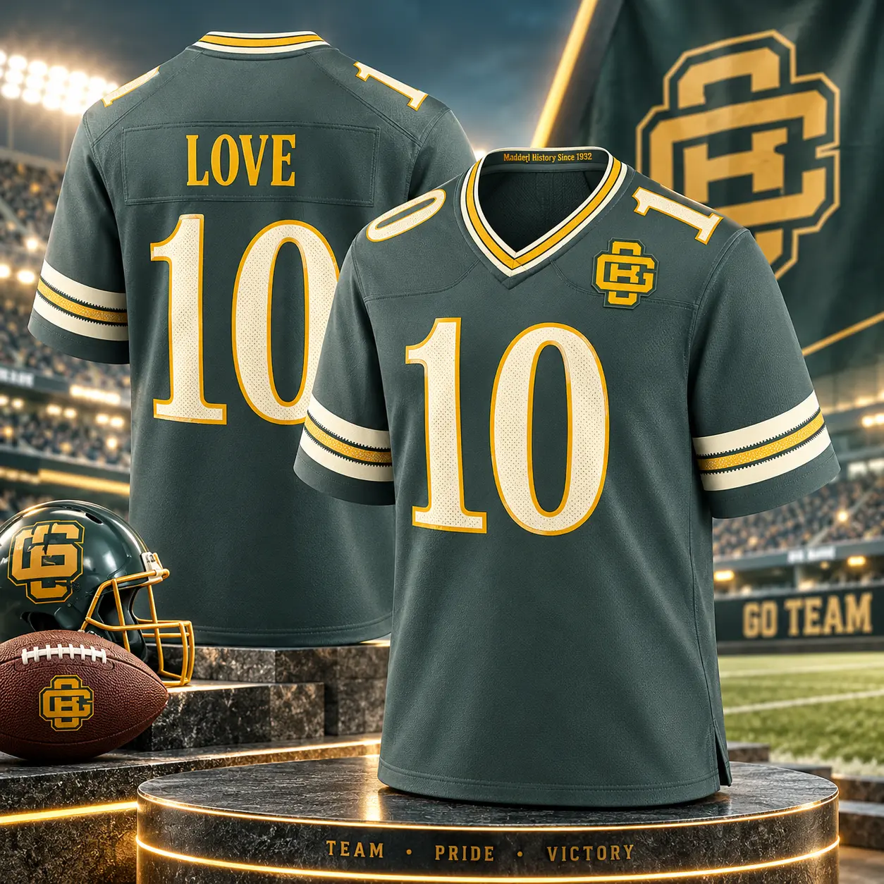 #10 Love Green Gold Football Jersey – Stitched Player Style V-Neck Game Day Shirt, Unisex Athletic Fan Apparel