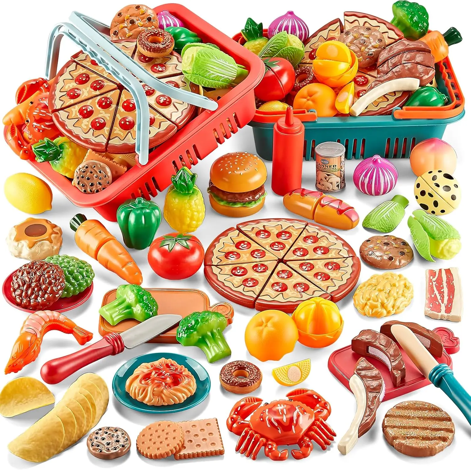 Play Food Sets for Kids Kitchen-Pretend Food with 2 Picnic Basket | Toy Food with Pizza Toy, Plastic Food Cutting Toys, Play Kitchen Accessories - Fake Food, Boys Girls Gifts, Educational Toys
