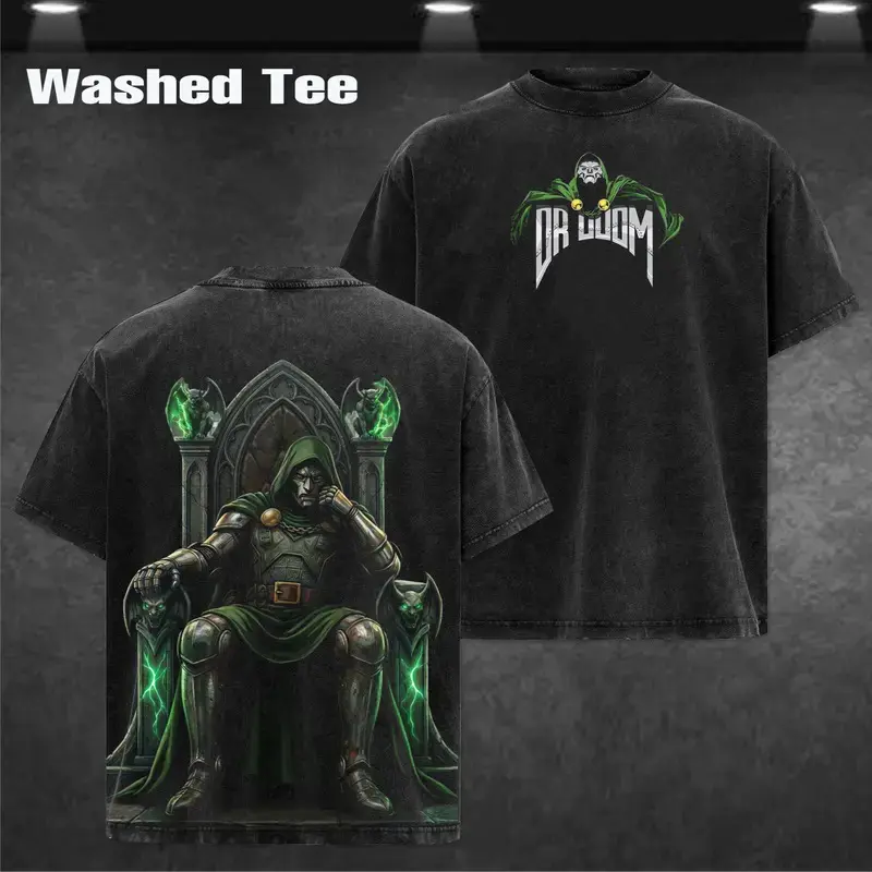 Dr Doom Double Sided Graphic Tee Vintage Washed Oversized Streetwear Heavy Cotton Unisex Casual Top Perfect Gift For Supervillain Comic Fans And Grunge Style Lovers