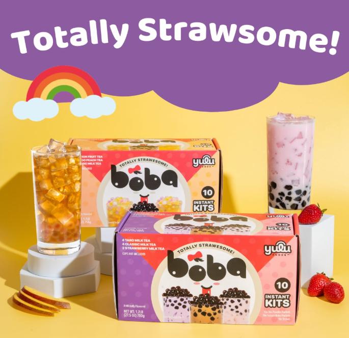 Boba Bundle Kit 10 Serv. Instant Bubble Pearl Variety Milk Tea Kit with Authentic Brown Sugar Tapioca Pearls by Yulu Foods - Ready in Under 1 Minute, Includes Paper Straws - Gift Box, Holiday (Classic, Taro and Strawberry)