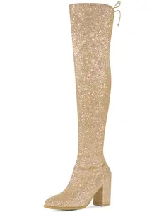 BLISSFUL STEP Women's Glitter Round Toe Chunky Heel Over the Knee High Boots