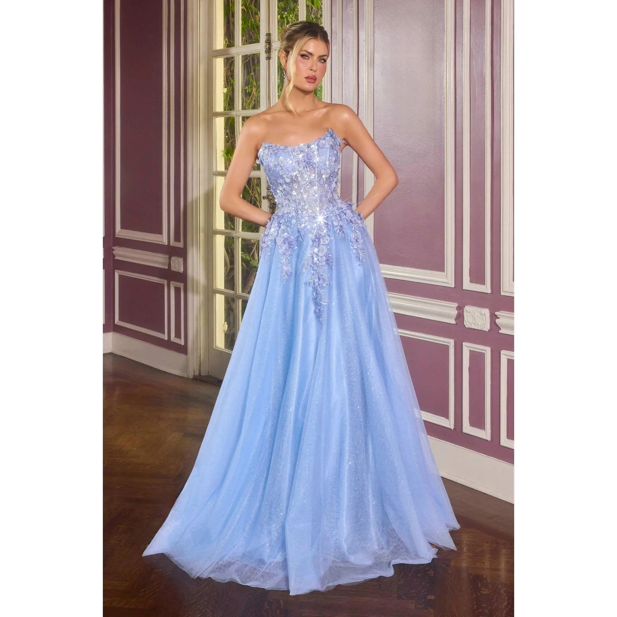 Ladivine C174 Enchanted Women's Formal Prom Ball Gown Clothes - Sleeveless, Scoop Neck, Lace-Up Corset Fit, Floral Applique, Light Glitter Fabric Skirt, Sexy Silhouette