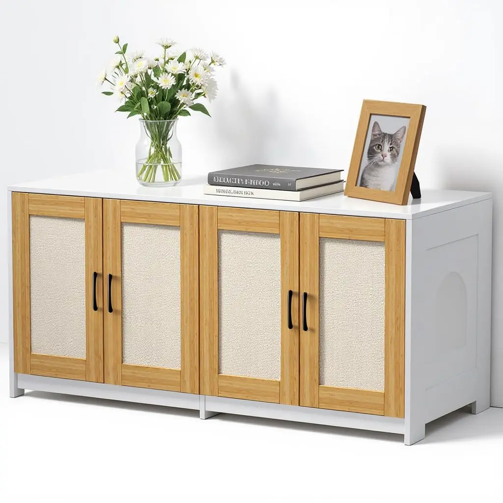 47" Double Litter Box Enclosure for 2 Cats, Hidden Cat Cabinet with Sisal Doors & Sliding Bottom Drawers