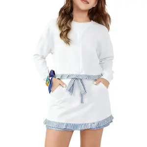 Gilrs Two Piece Sweatshirts and Drawstring Skirt with Built-in Shorts Lounge Casual Outfits 5-14 Years