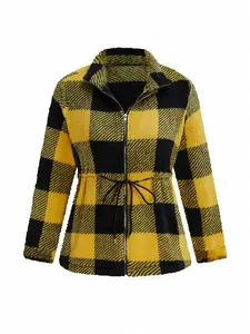 Women's Plus Size Stand Collar Long Sleeve Fleece Jacket, American Casual Vintage Style, Blue Plaid Texture, Side Drawstring Design