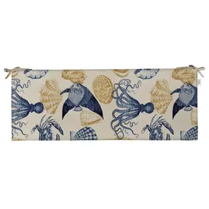 RSH Décor Foam Bench Cushion Blue Tan Crab 72”x18”x2” for Indoor Outdoor with Ties