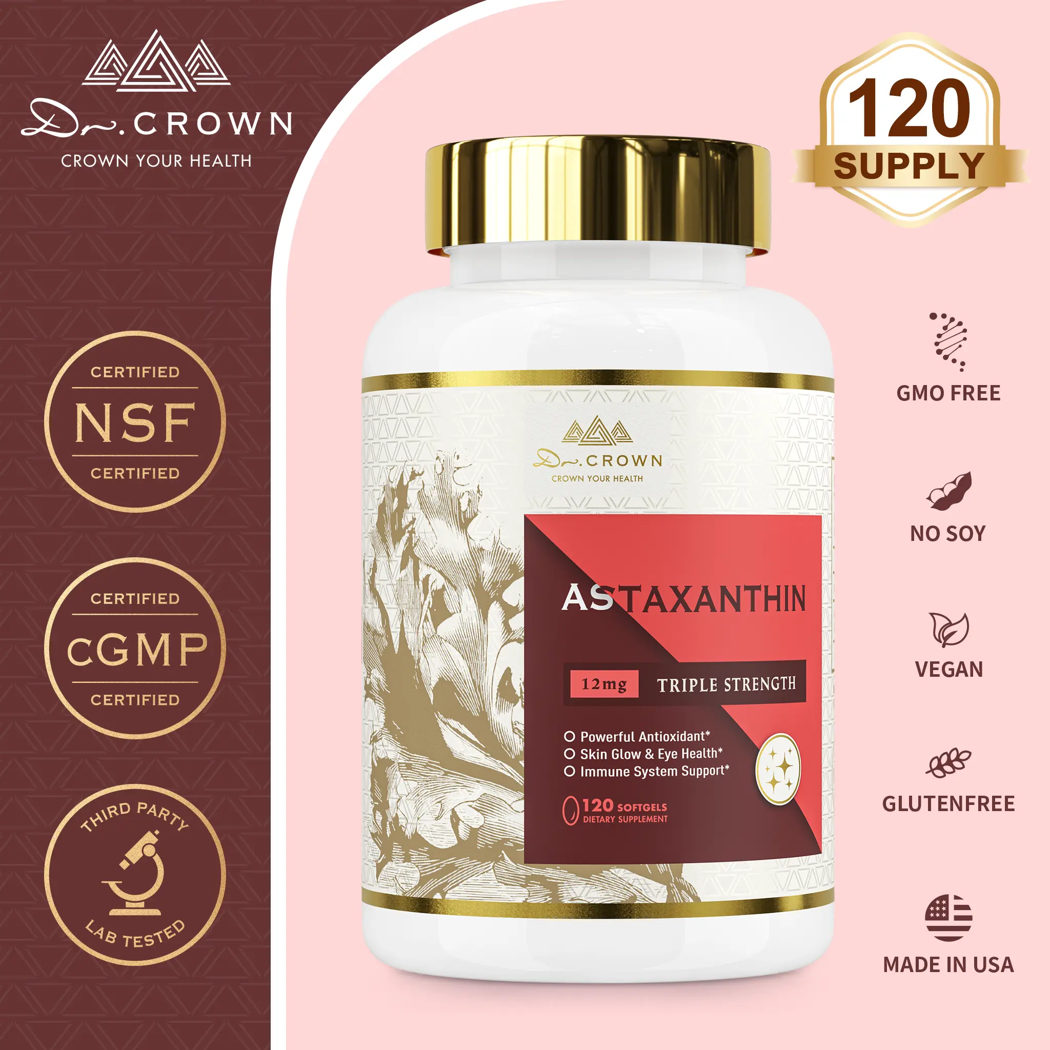 Dr. CROWN Astaxanthin 12mg Premium Antioxidant Supplement for Skin, Eye, Brain & Heart Health - 120 Softgels