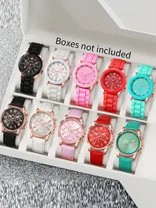 10 pieces/set of Geneva silicone watches, fashionable watches, three eyed candy colored women's watches, Quartz Watch Set