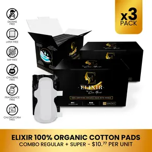 3 Pack of Coco March Elixir Organic Cotton Pads, Feminine Menstrual Care Pads for Women, Regular and Super Pads with Wings (28ct)