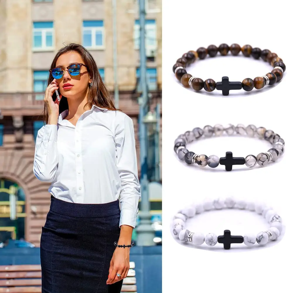 Cross Beads Bracelet for Men Women, 8MM Beaded Bracelets Couples Bracelets,Lava Rock Turquoise Tiger Eye Natural Bracelet Anxiety Stretch Elastic Heal