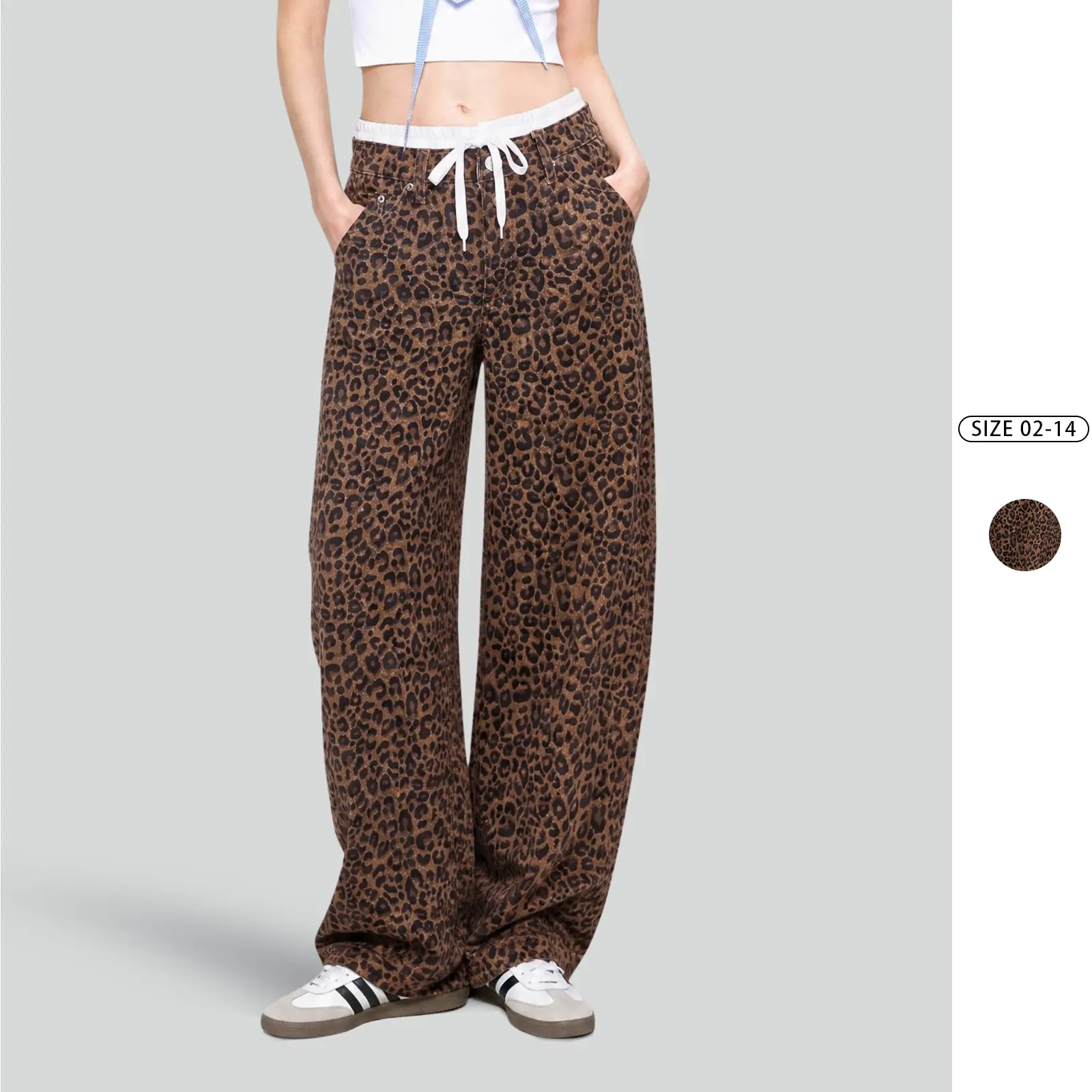 Imily Bela Leopard Print Jeans for Women, Wide Leg Baggy Jeans, High Waisted Drawstring Denim Pants with Pockets, Casual Loose Fit Trendy Y2K Jeans