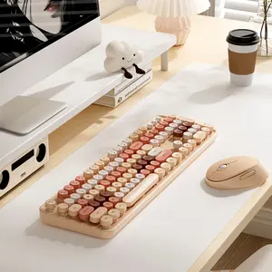 MOFii 1 Set Sweet Milk Tea Color Wireless Keyboard and Mouse Combo, Retro Round Key Office Keyboard, Aesthetic Desk Essential for Girls, Compatible with Laptop & Desktop, US Qwerty (Battery Not Included)