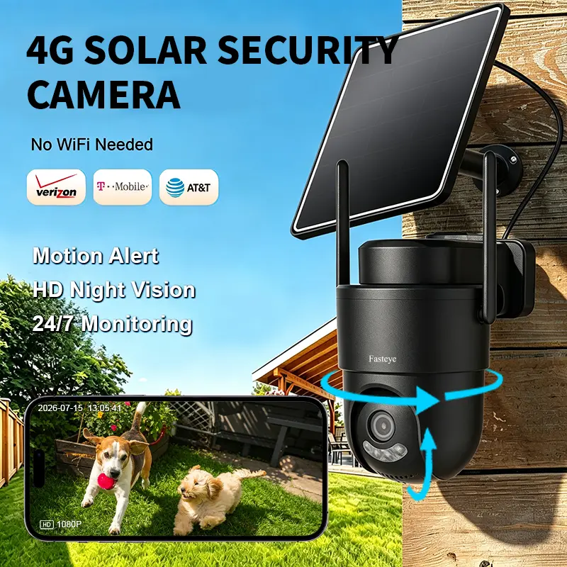 Fasteye 4G LTE Cellular Wireless Solar Powered Security Camera - 1920x1080 HD Live View, 360° Coverage, No WiFi, Remote APP Control, Waterproof, Motion Activated, Night Vision, 2-Way Audio, Outdoor Surveillance Monitor (Unlimited 4G Data Requires Refill),
