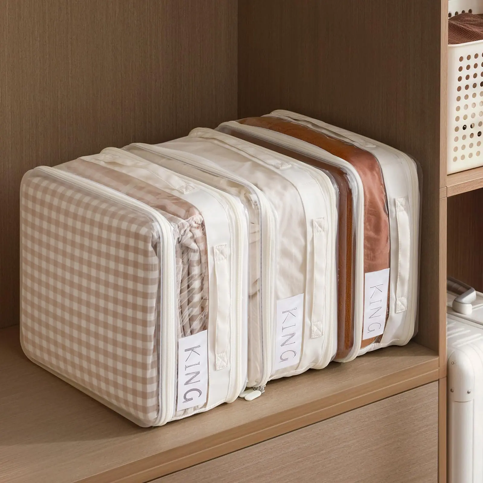 3 Pack Sheet Organizers And Storage, Double Side Clear Hard Shell Window. Expandable Blanket Storage Bags, Large Stackable Closet Storage Bins.