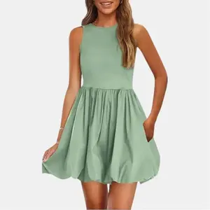 PrettyGarden Summer Short Bubble Dresses for Women 2025 Casual Sleeveless Tank Mini Dress Crew Neck  Sundress with Pockets