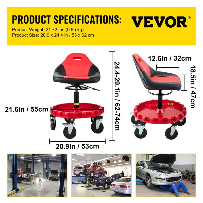 VEVOR Rolling Gear Seat, TikTokShopBlackFriday, 300LBS Capacity, 18"-23" Height Adjustable, Mobile Mechanic Garage Stool with Tool Tray and 5" Casters, Pneumatic Stool for Workshop, Garage, Auto Repair Shop