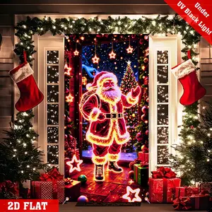 Christmas Door Cover Party Banner, Wall Hanging Backdrop, UV Activated Glow In The Dark with Santa Claus, Presents, Christmas Tree, Christmas Decorations Polyester Front Door Hanging Banner for Outdoor Indoor Holiday Decor