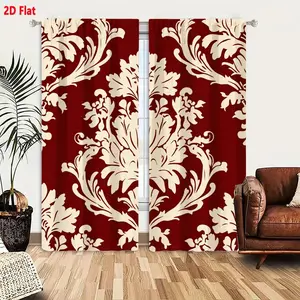 2D Flat 2-Pack Red Maroon Damask Floral Scrollwork Curtains, Symmetrical Repeating Intricate Cream Floral Pattern Decorative Window Drapes, Traditional Elegant Ornate Design for Living Room Bedroom Balcony