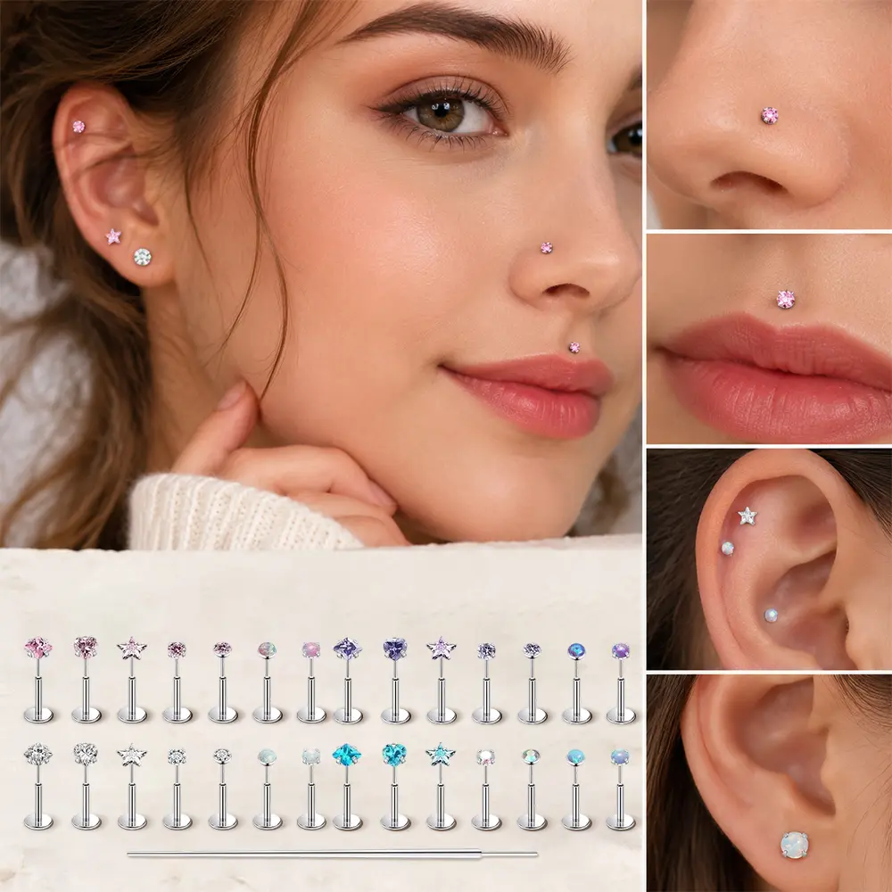 Colorful Gem Inlaid Screw Back Nose Ring Set, 28Pcs Multi Style Body Studs with 1Pc Wear Assist Tool for Ear Lip Cartilage Daily Ornament