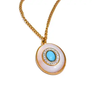 Charm Shell Pendant Necklace with Cubic Zirconia in Gold Tone Stainless Steel