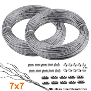 393.7inch Wire Rope 304 Stainless Steel Cable Aircraft Cable 1.2/1.5/2.0mm Wire Rope With Buckle Clip 7x7 Stainless Steel Strand Core And Double Barrel Ferrule Perfect For Outdoor Hanging, Clothes Line Wires, Garden Fence