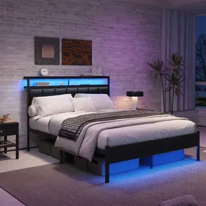 Full Size Bed Frame with Charging Station LED Lights Platform Bed Metal Slats Black Upholstered Headboard Double Storage Shelves No Box Spring Needed gira  tree  vanity