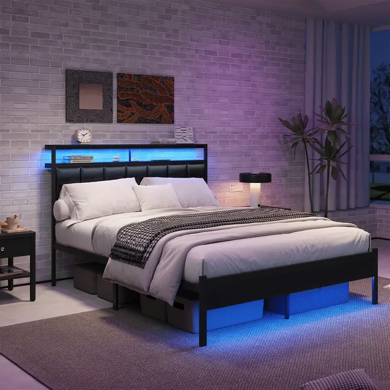 Full Size Bed Frame with Charging Station LED Lights Platform Bed Metal Slats Black Upholstered Headboard Double Storage Shelves No Box Spring Needed gira  tree  vanity