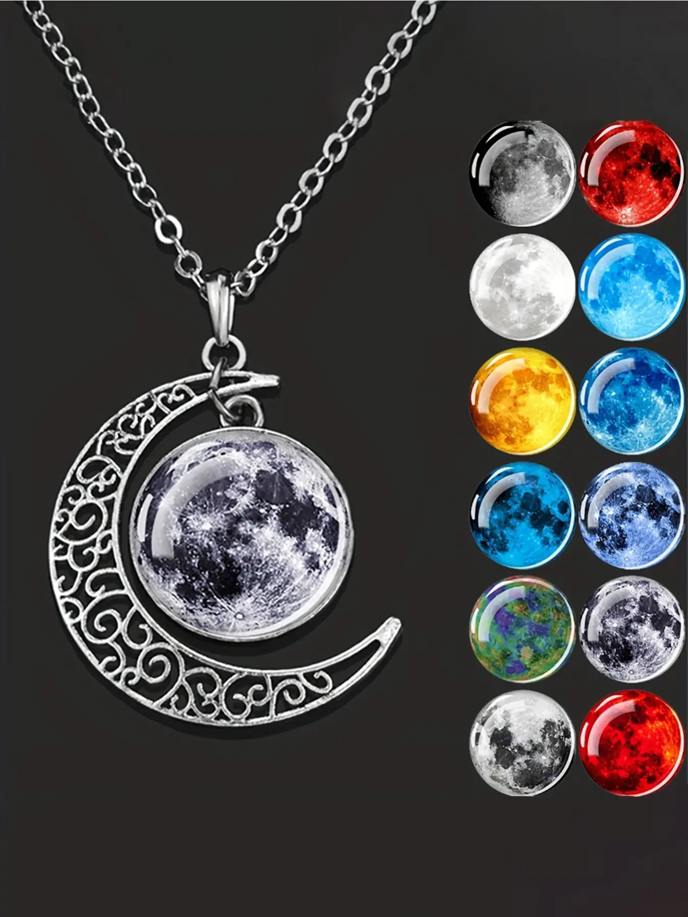 1pc Full Moon Pattern Necklaces Glass Dome Multicolor Moon Crescent Pendant Necklace for Men Women Astronomy Jewelry Gift Jewelry Accessory Exquisite Jewelry Gift Celestial Necklace