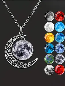 1pc Full Moon Pattern Necklaces Glass Dome Multicolor Moon Crescent Pendant Necklace for Men Women Astronomy Jewelry Gift Jewelry Accessory Exquisite Jewelry Gift Celestial Necklace