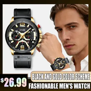Trendy Black Gold Oversized Watch, 55MM Leather Band Multifunction Chronograph Wristwatch