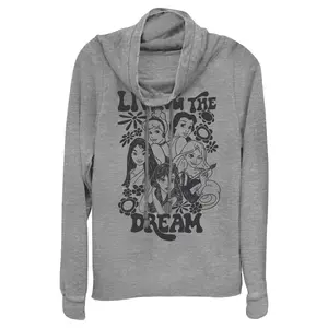Junior's Disney Black and White Princesses Living the Dream Cowl Neck Sweatshirt