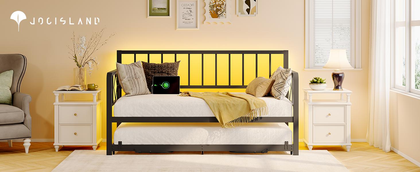AMERLIFE Twin Daybed with Charging Station and LED Lights, Versatile Bed Frame with Steel Slats Support, Daybed with Trundle for Living Room, Bedroom, Guest Room, Black/Best Gift Ideas/Christmas Gifts