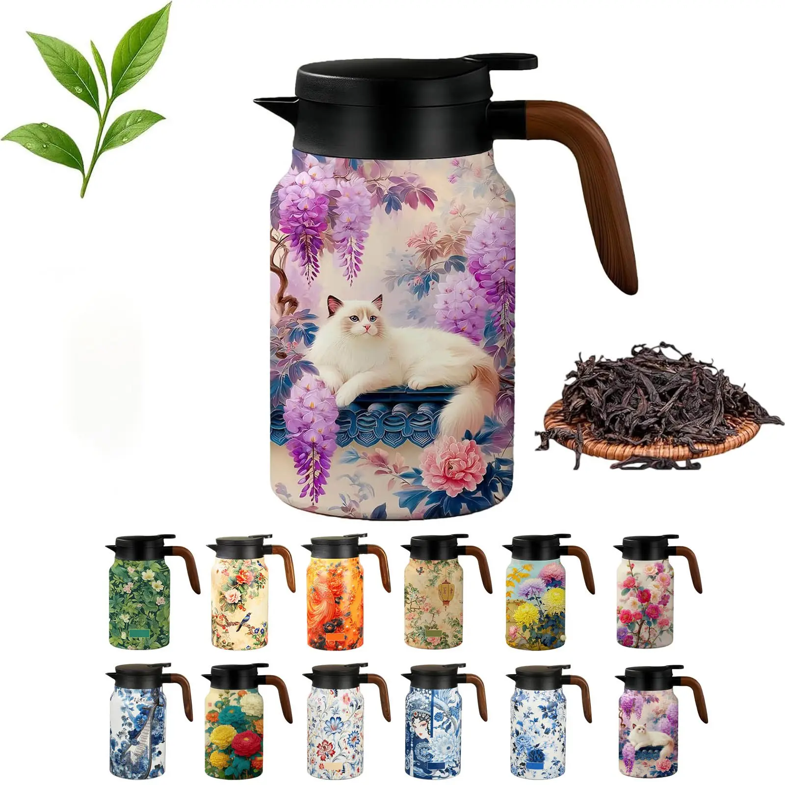Vintage Floral Pattern Teapot Built in Infuser,Large Teapot with Infuser, 1500ml-50oz Stainless Steel Detachable, Upgrade tea leaf holder and Lid for Home Office