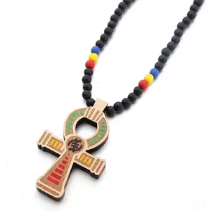 African Egyptian Ankh Cross Pendant Handmade Wooden Beads Protection Coptic Ankh Necklace Religious Hip Hop Jewelry for Men Women