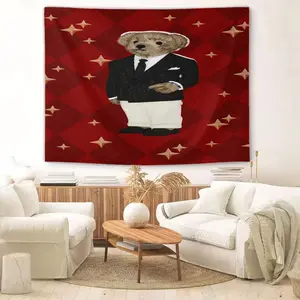 Vintage American Polo Bear Tapestry, Red Gentleman Bear Multi-Style, Wrinkle-Resistant, Wall Hanging Decor for Living Room Bedroom Backdrop
