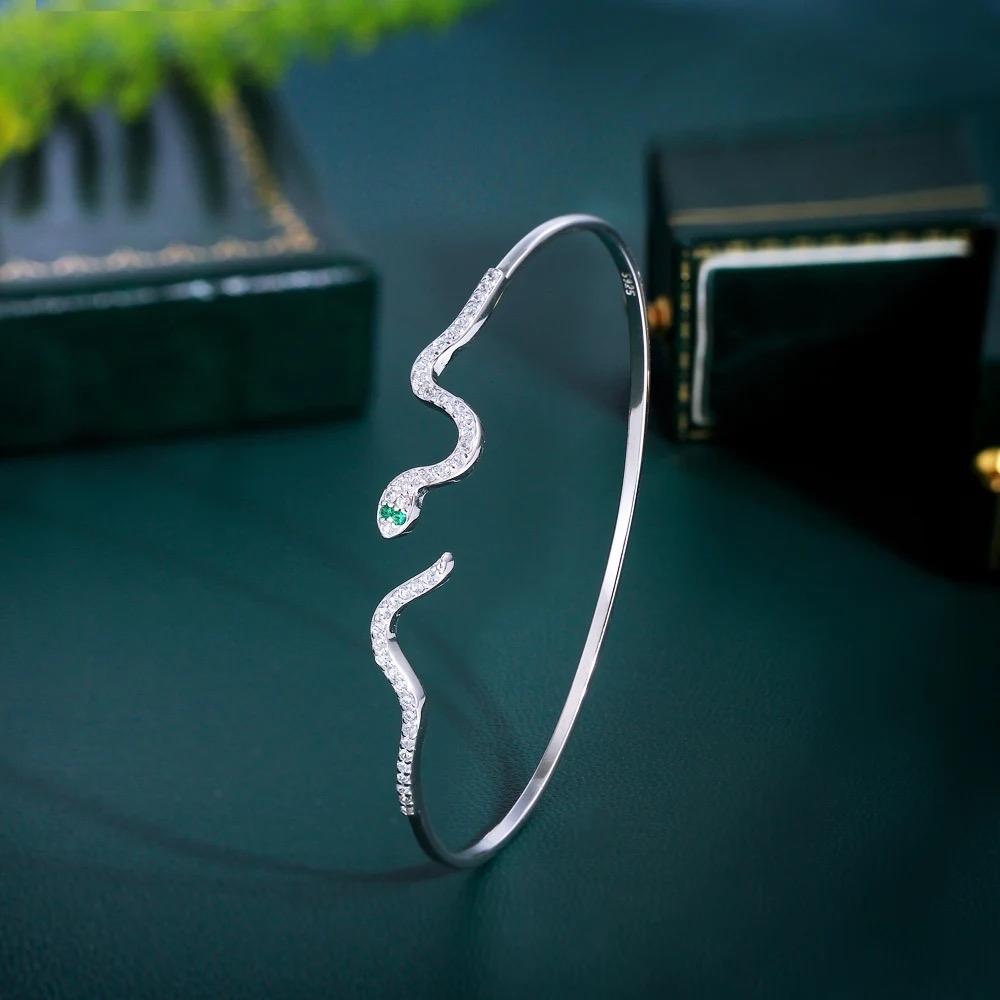 925 Sterling Silver Cubic Zirconia Snake Shape Bangle Bracelet - Elegant Design with Unique Shape and Color