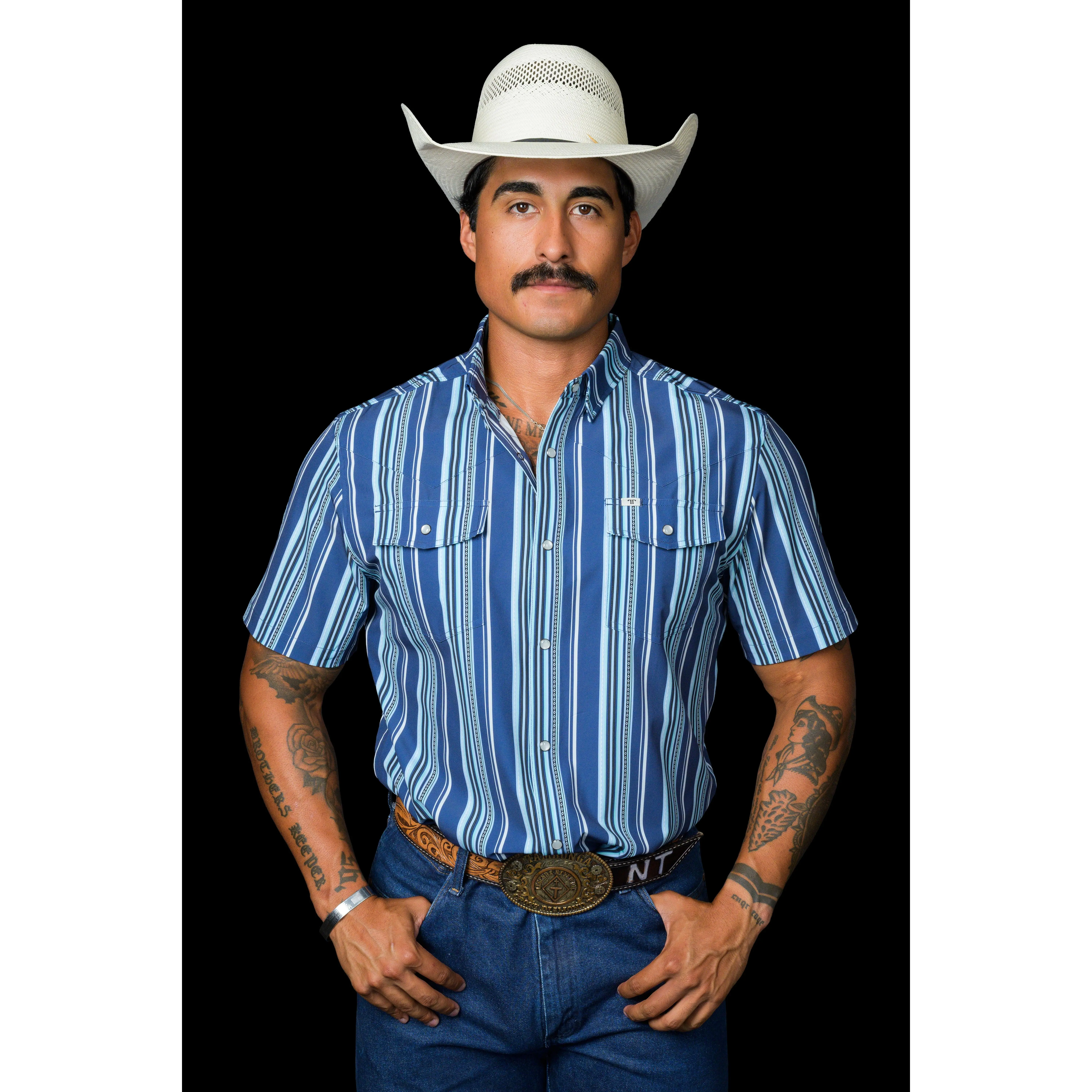 Men's Blue Stripe James Short-Sleeve Collared Neck Shirt - Casual Elegance, Stretch Fabric, Lightweight (FINAL SALE)