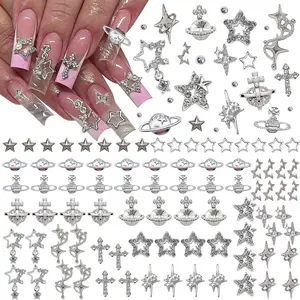 120+ Pcs Star Nail Charms Inlaid Rhinestones Gems Silver Star Planet Cross Nail Art Decorations Shiny Jewelry for Acrylic Nails Women Girl DIY Manicure Crafts Supplies