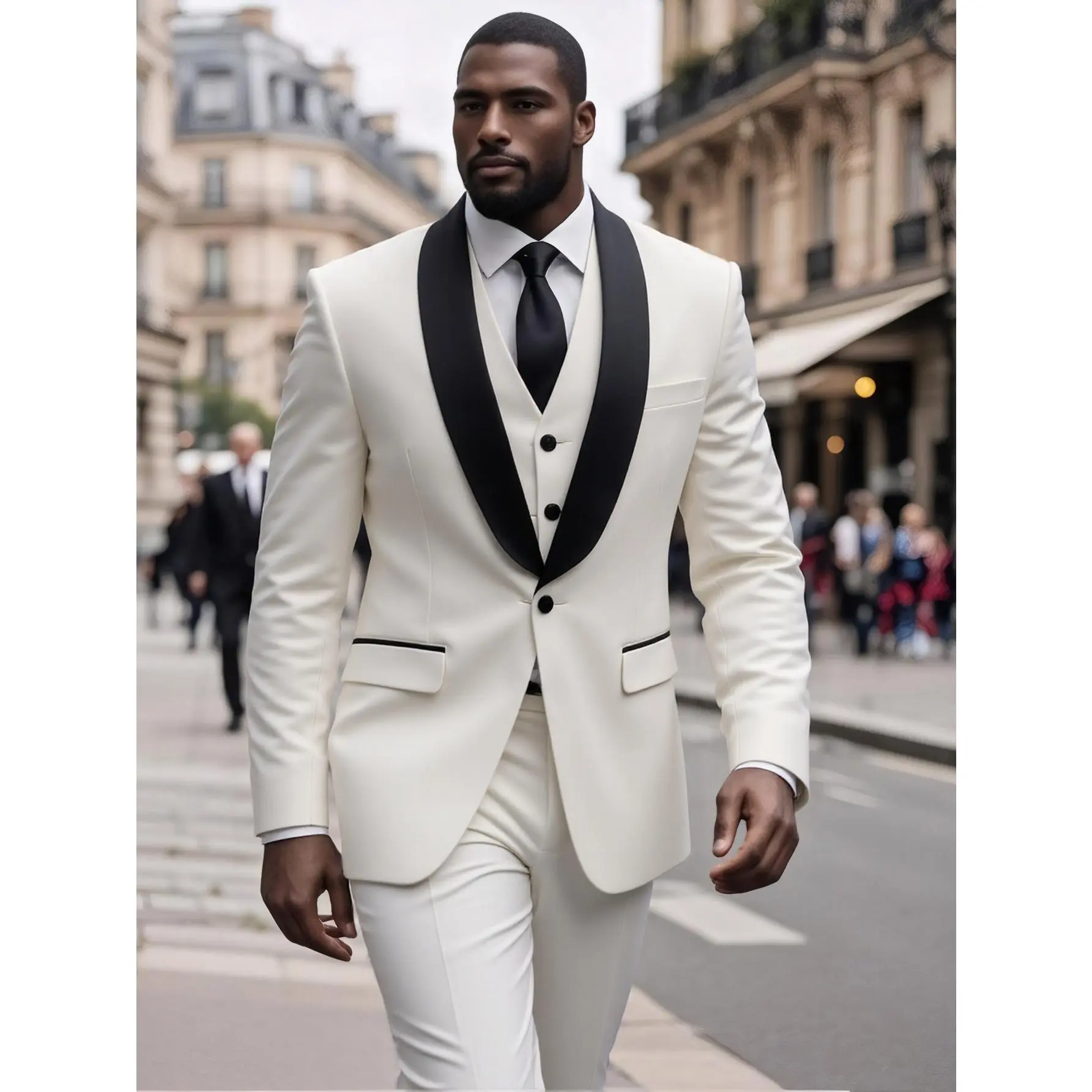 Men's Elegant 3-Piece Tuxedo Suit, White Slim Fit Polyester Blend with Black Shawl Lapel Jacket, Vest, and Trousers, Aesthetic Formalwear for Prom & Weddings, Paisley, Pocket, Soft