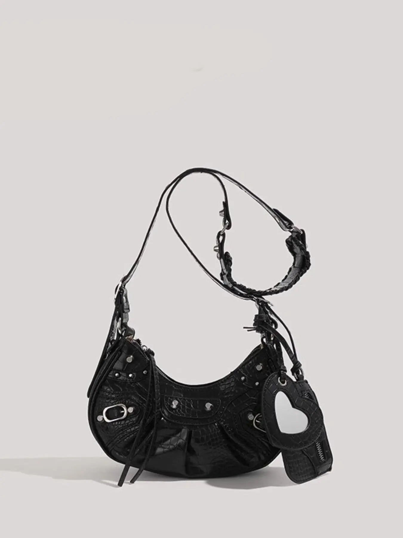Fashion Rivet Crossbody Bag, Punk Style Half-Moon Design, Includes Small Wallet and Heart Mirror, Multifunctional Shoulder Carry for Women and Girls Hobo Crossbody Bags, Trendy Crossbody Bag, Stylish Crossbody, Fashionable Crossbody Bag