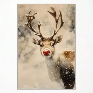 Vintage Christmas Canvas Wall Art, Cute Animal Reindeer Oil Painting Poster, Lovely Holiday Christmas Pictures Wall Decor, Xmas Festive Elk Prints For Bedroom No Frame