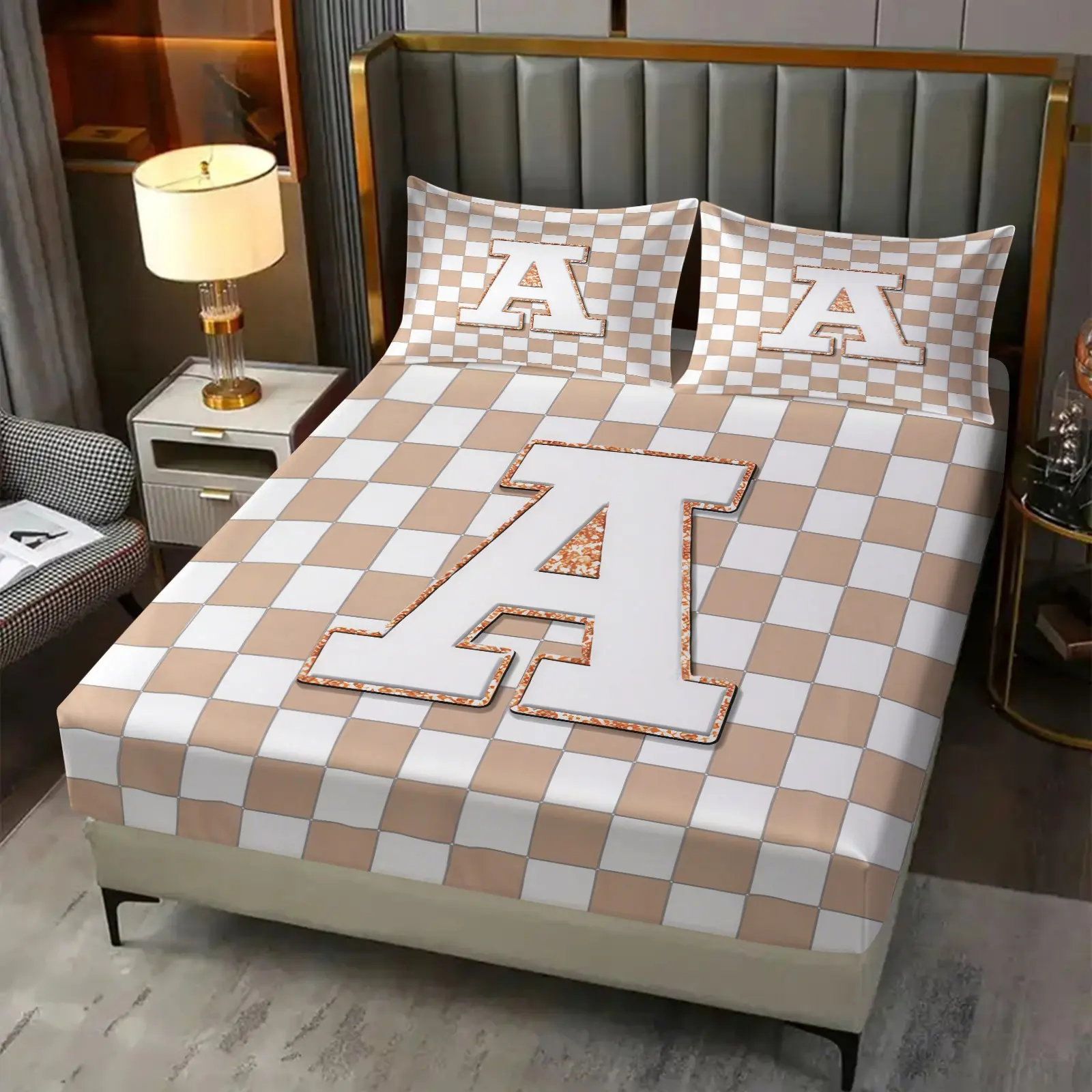 ✨ 3pcs Preppy Beige Checkerboard Initial Letter Fitted Sheet Set, No Fillers, Soft Breathable Checkered Bedding Set, Aesthetic Mattress Cover With Pillowcases For Teens Adults Bedroom Dorm Guest Room All Season Home Decor