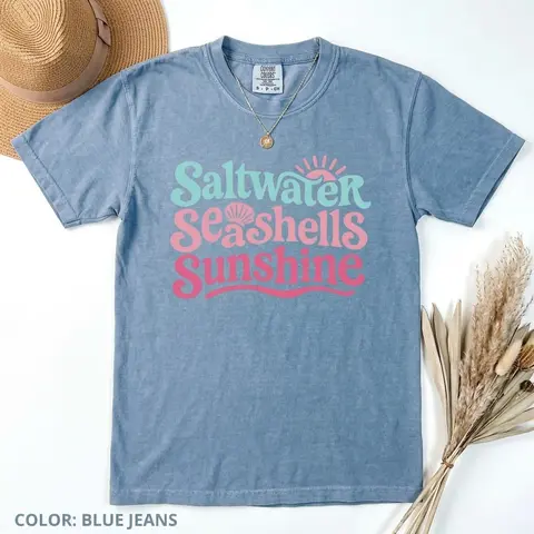 Comfort Colors Saltwater Seashells & Sunshine Shirt, Coastal Summer Beach Tee, Ocean Lover Vacation Shirt, For Woman, Top Womenswear Casual Printed Round Neck