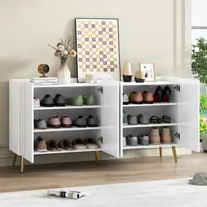 [SOIYELIFE] ON-TREND Luxurious Shoe Cabinet with 5 Metal legs, Modern TV Stand with 4 Adjustab Shelves for TVs Up to 70", Minimalist Sideboard Cabinet with Gold Lines Doors for Living Room,62.9"x 31.4",White living room entryway entryway  shoe  cabinet
