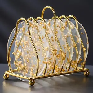 Elegant Round Acrylic Cup Mat with Gold Foil Decoration, Heat Resistant Non-Slip Tea Cup Pad, Home Decor with Stand, Coasters