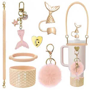 Water cup Accessories With mermaid design silicone sleeve 3D fish scale pattern cup sleeve straw cap cup chain pom-pom accessory