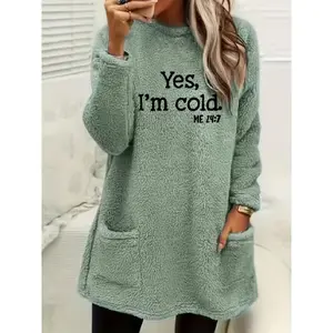 [Cold Weather Sweater] Cozy Women's Dual-Sided Fleece Pullover Sweatshirt | "Yes I'm Cold" Letter Print, Round Neck Long Sleeve with Pockets, Machine Washable Winter Warmth for Fall & Winter